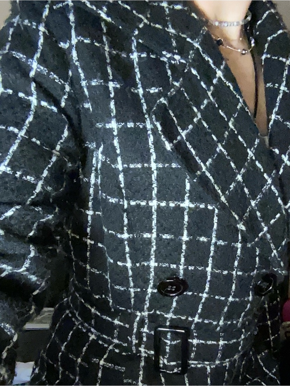 Newport News Black Windowpane Belted Double-Breasted Blazer Coat
